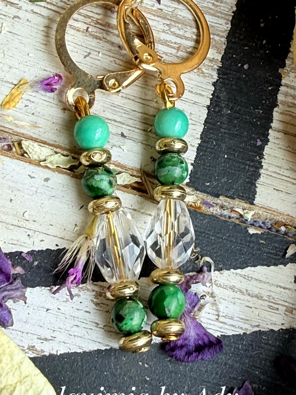 Vintage style Gold-Tone Green amazonite and Clear Beaded Drop Earrings